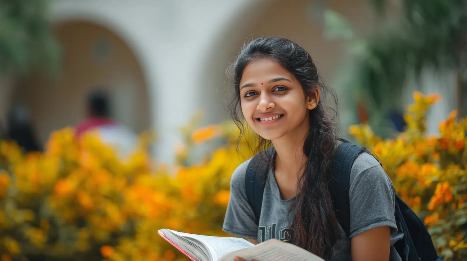 A Mahalakshmi College for Girls student reading on campus